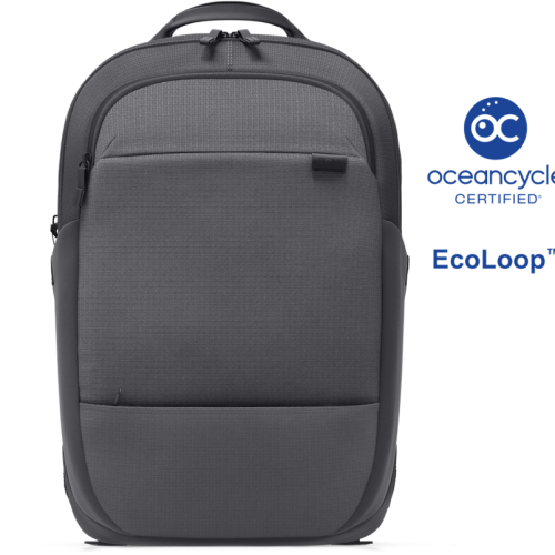 View forward-facing Dell EcoLoop CP5426G backpack alongside oceancycle certified logo and EcoLooplogo