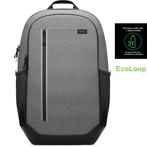 View forward-facing front-facing Dell Pro 14-16 Plus EcoLoop Urban Backpack with EcoLoop logo that notes "This bag is made with 31 plastic bottles"